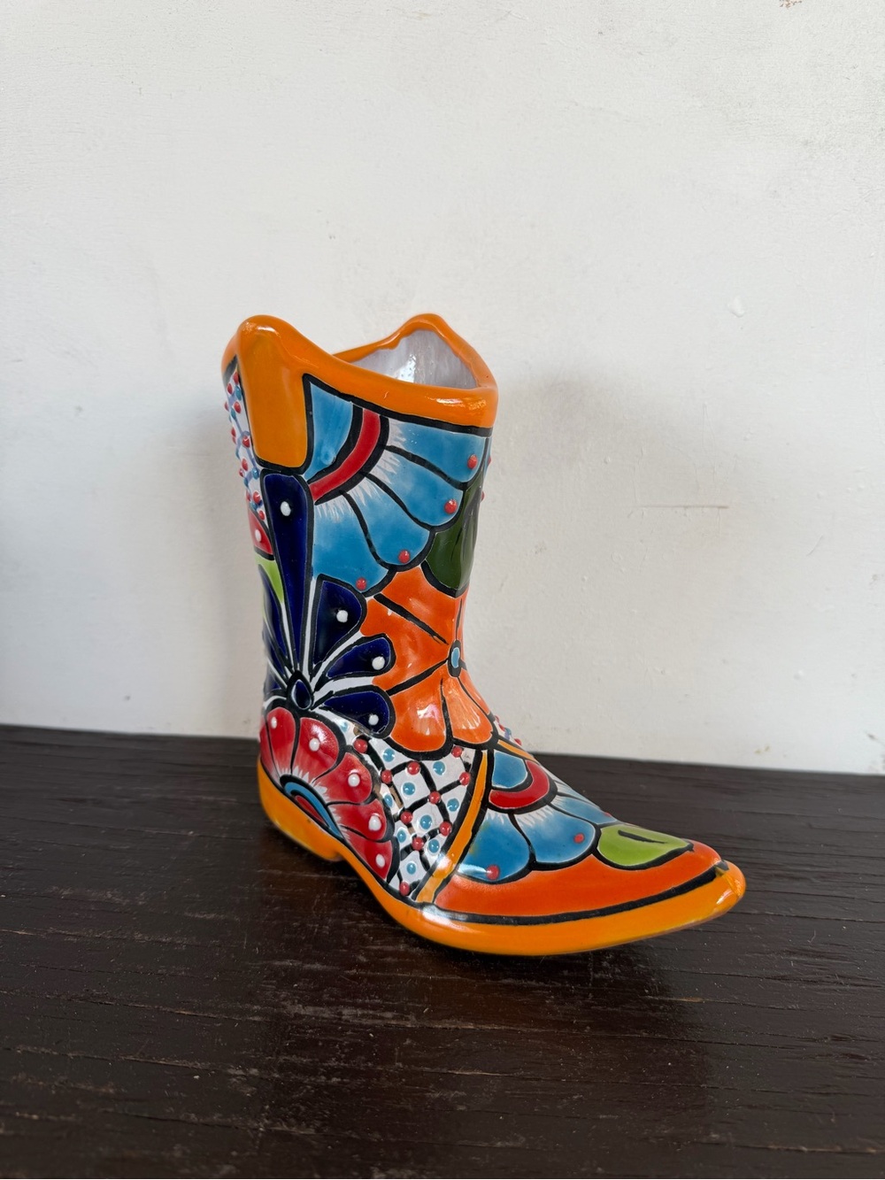 Hand-Painted Talavera  Orange Boot Planter, Pottery.